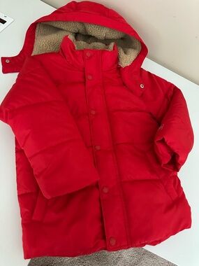 GAP Kids Red Puffer Jacket with Sherpa Hood